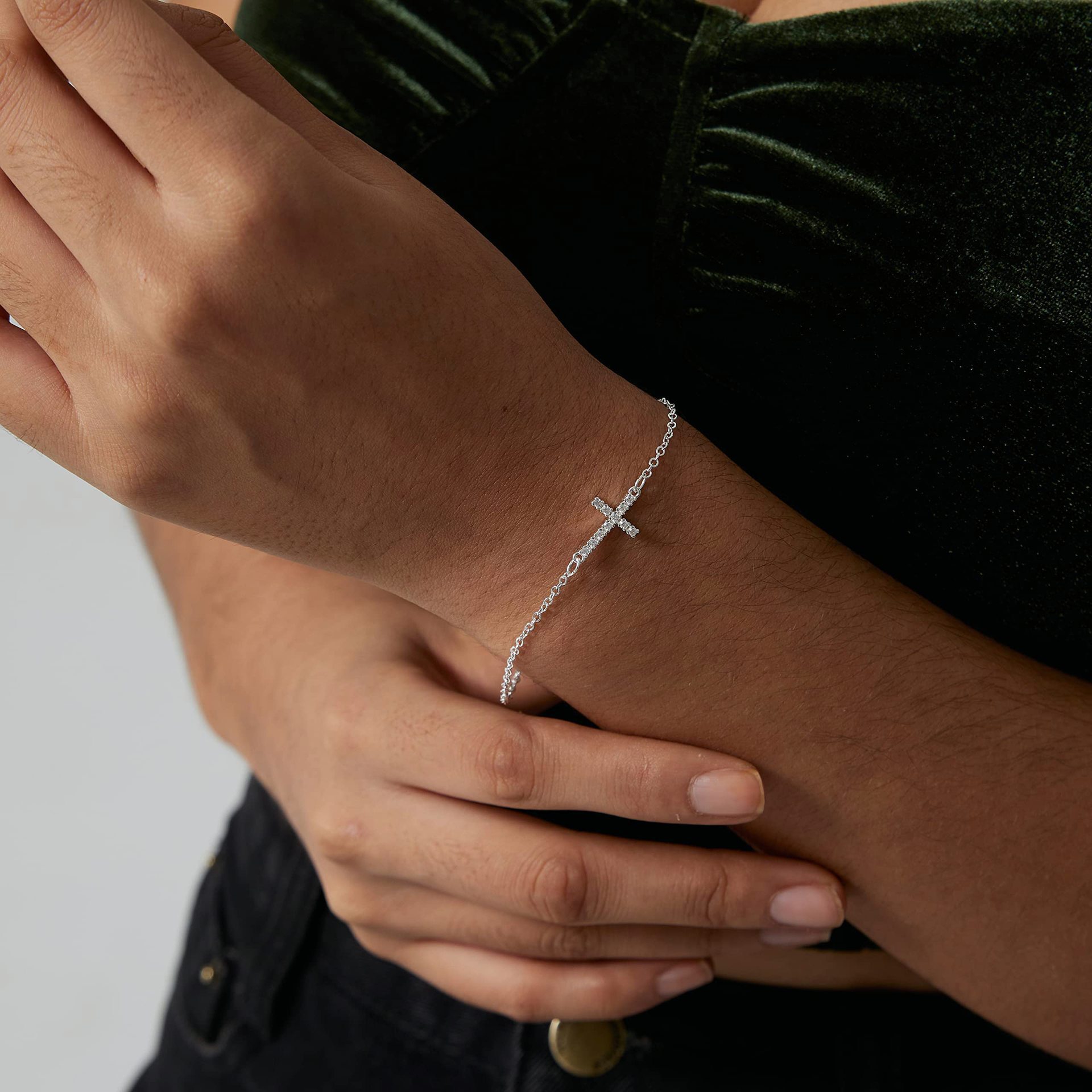 2-Pack Gold & Sliver Plated Micro-Paved CZ Mini Cross Bracelet - Dainty view 2