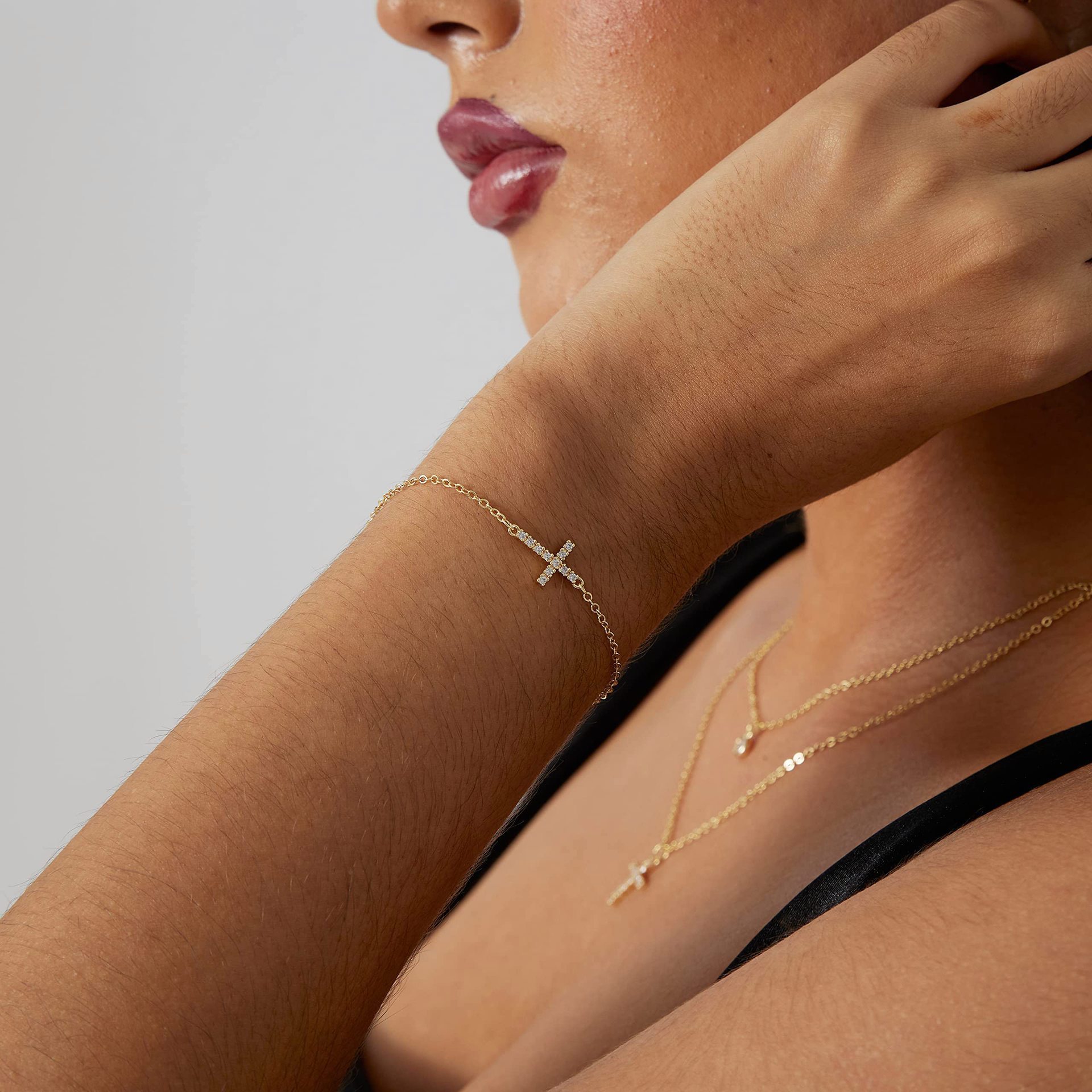 2-Pack Gold & Sliver Plated Micro-Paved CZ Mini Cross Bracelet - Dainty view 3