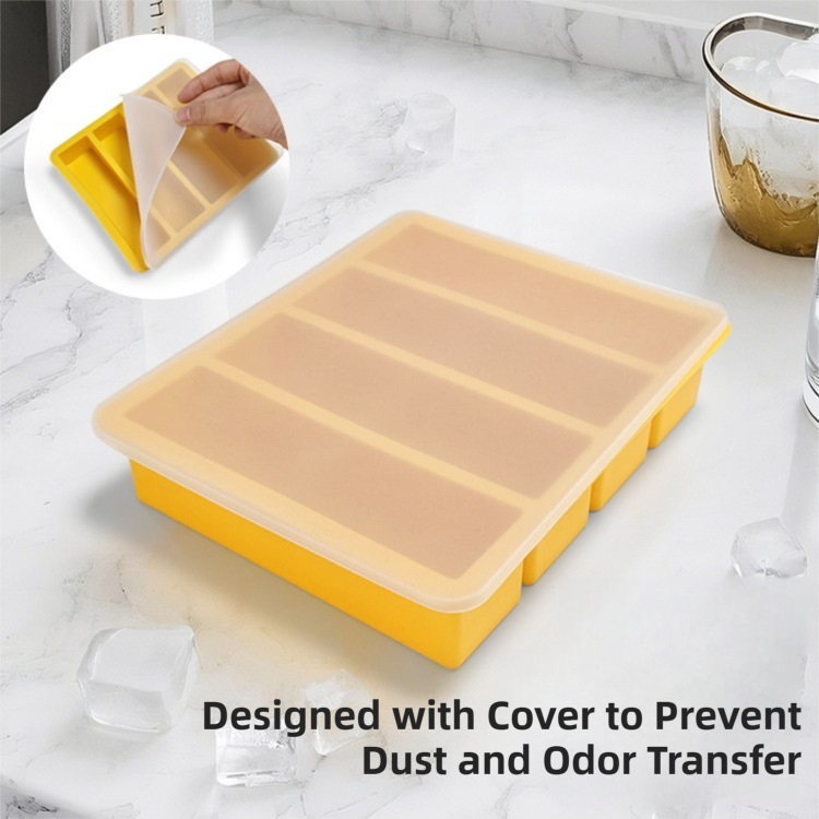 2-Packs Blue Flexible 4-Grid Silicone Long Ice Cube Tray with Lid - Easy view 4