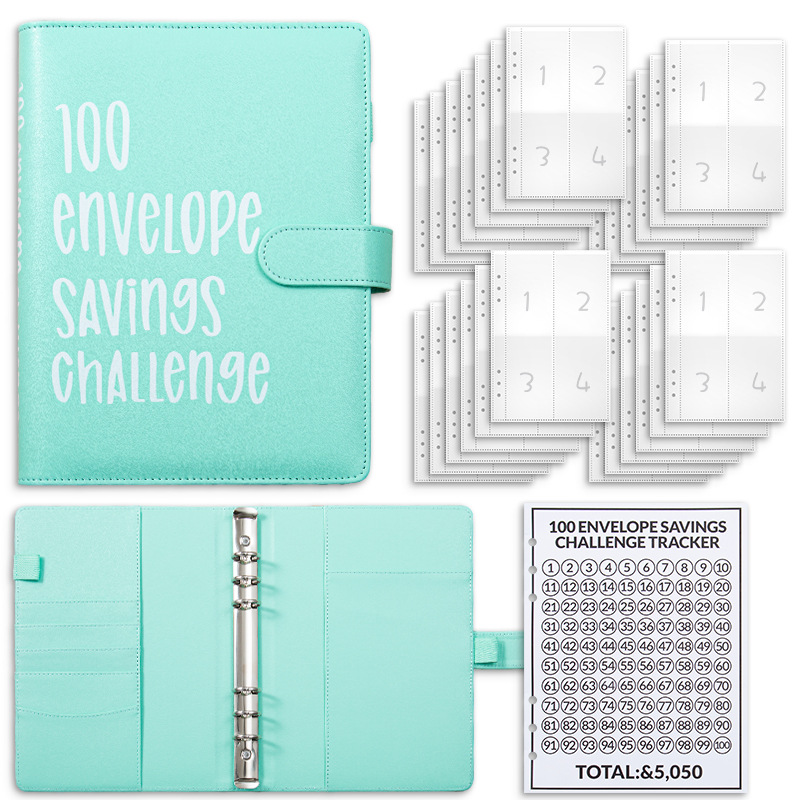 Cyan 100 Envelope Savings Challenge Binder - A5 Budget Planner & Money — image 1