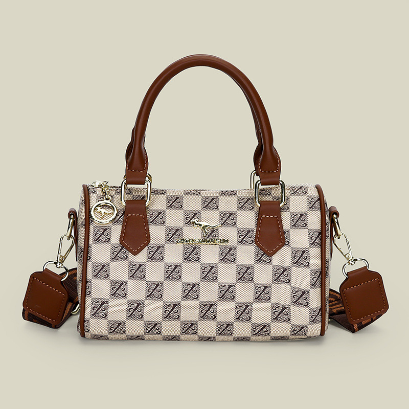 Khaki checkered pattern Stylish PU Leather Boston Bag - Elegant Retro Single — image 1
