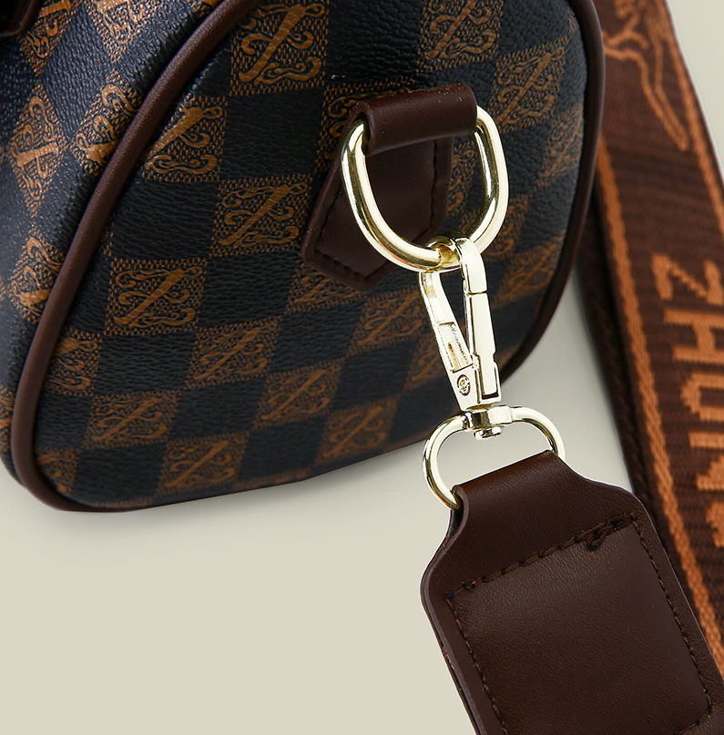 Khaki checkered pattern Stylish PU Leather Boston Bag - Elegant Retro Single view 2