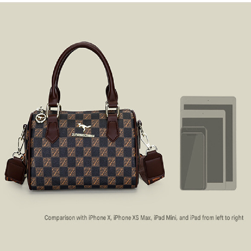 Khaki checkered pattern Stylish PU Leather Boston Bag - Elegant Retro Single view 5