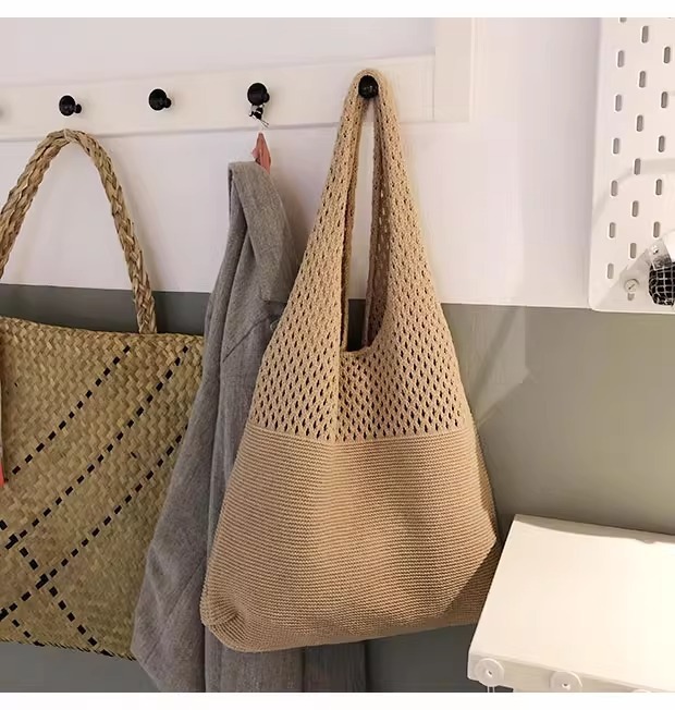 Shallow khaki rhombus Bohemian Knit Shoulder Bag - Hand-Woven Crochet Tote for view 2