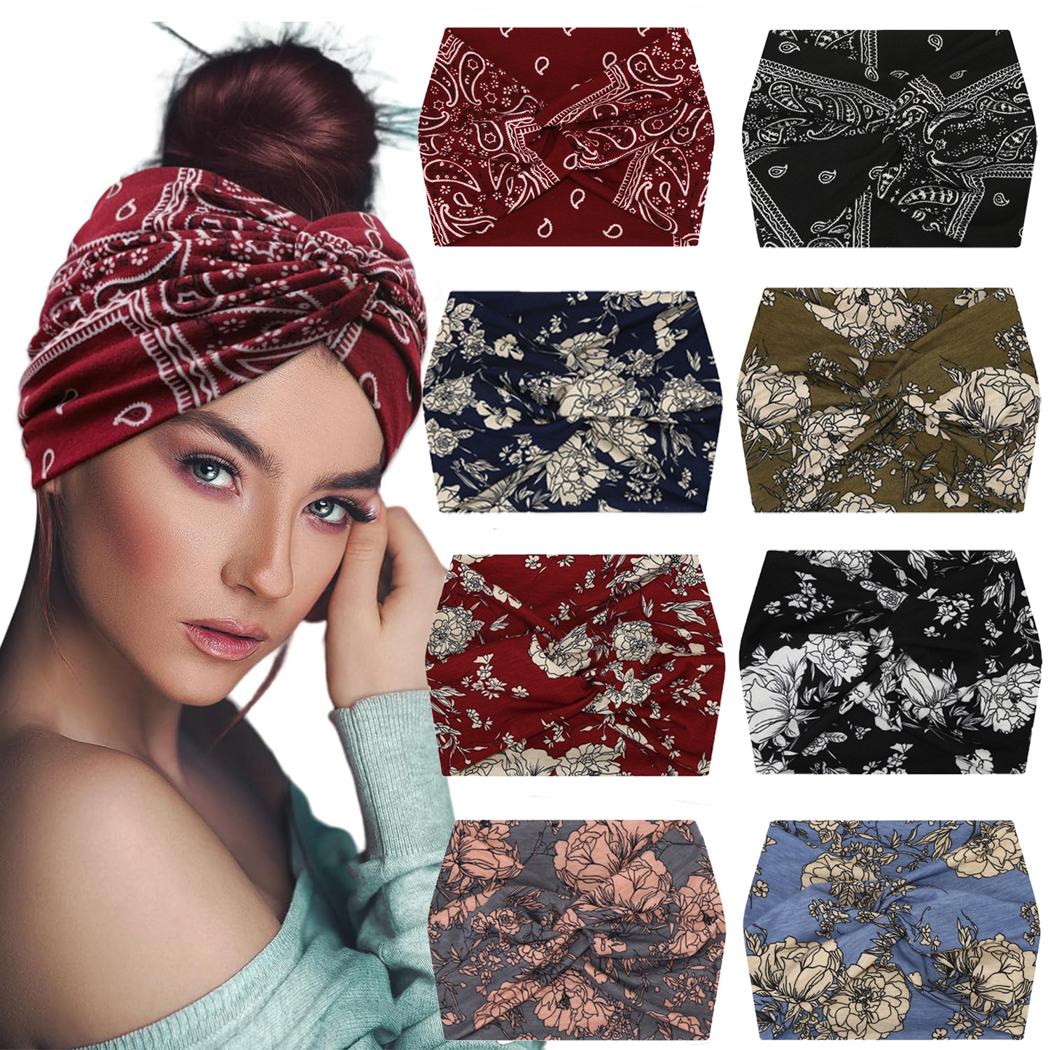 5-PCS Blue Women's Extra Wide Turban Headband - Elastic Yoga & Sports Hair Wrap view 2