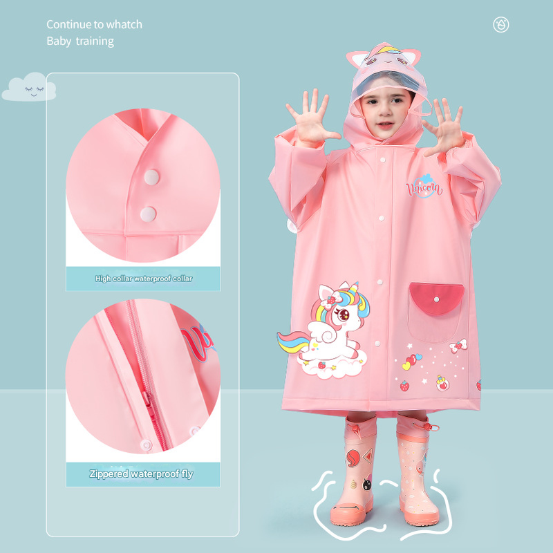 Blue astronaut Kids Waterproof Raincoat with Expandable Backpack Slot Hooded view 3