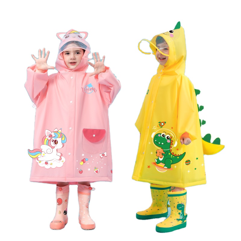Yellow dinosaur Kids Waterproof Raincoat with Expandable Backpack Slot Hooded view 5