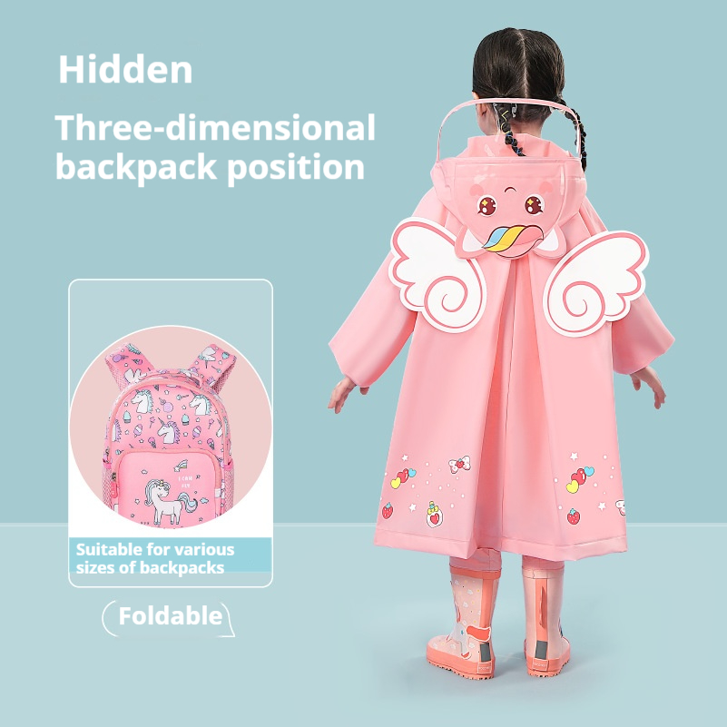 Pink unicorn Kids Waterproof Raincoat with Expandable Backpack Slot Hooded view 4