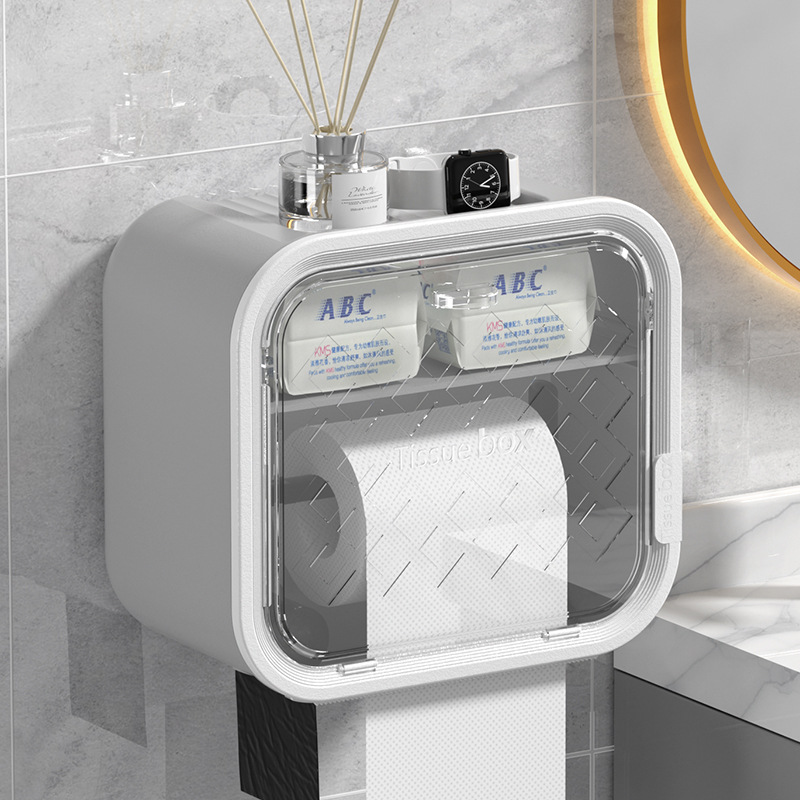 Grey Wall Mounted Dual Layer Bathroom Tissue Box Holder with Storage Drawer — image 1