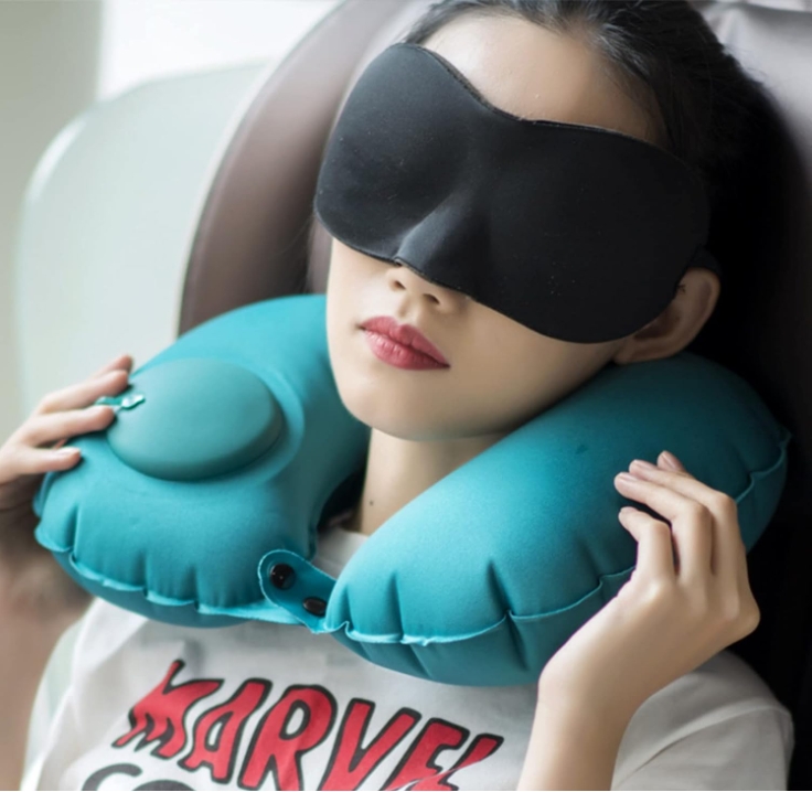 2-PCS Black Inflatable Travel Neck Pillow Press to Inflate U-Shape Soft view 3