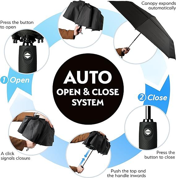 Black Automatic Windproof Travel Umbrella Compact Folding Umbrella Auto Open view 4