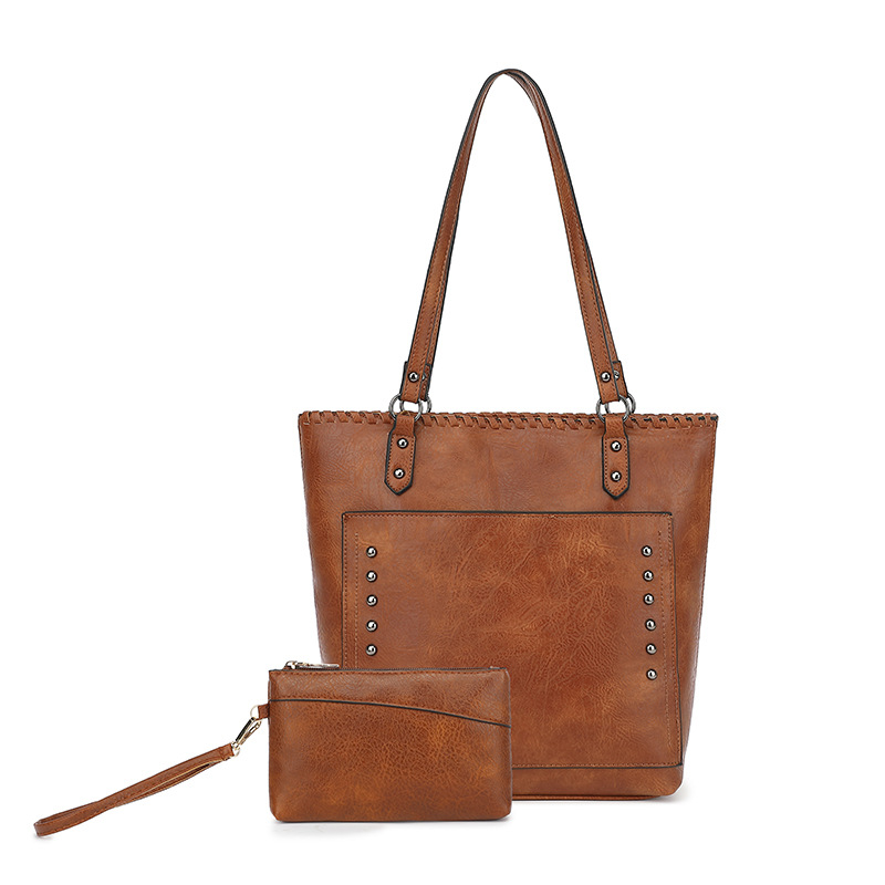 Brown Minimalist Large Capacity Tote Bag with Detachable Pouch – Soft PU — image 1