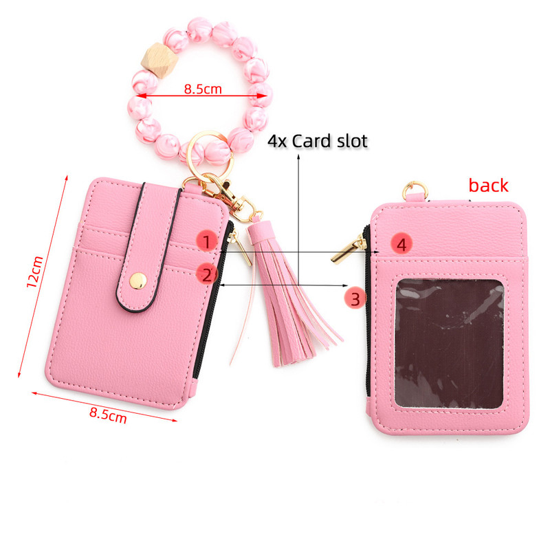 2-PCS Pink Silicone Bead Keychain Bracelet Wallet PU Leather ID Card Holder view 5