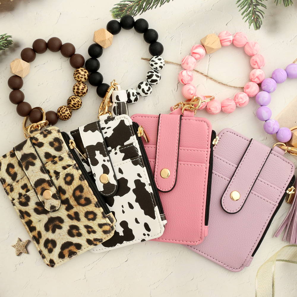 2-PCS Grey Silicone Bead Keychain Bracelet Wallet PU Leather ID Card Holder view 3