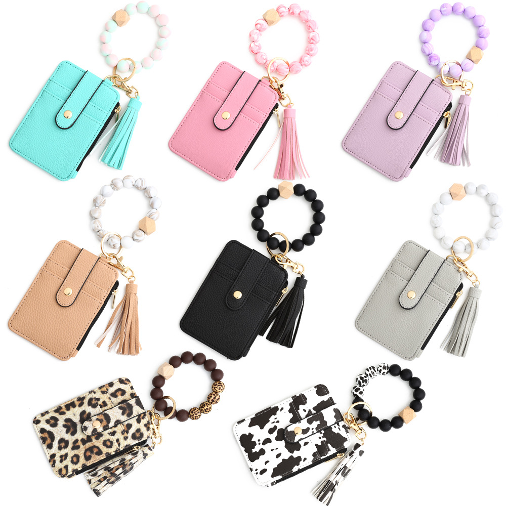 2-PCS Big Cow Silicone Bead Keychain Bracelet Wallet PU Leather ID Card Holder view 4