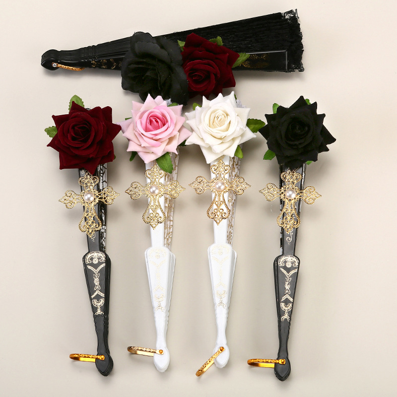 2 Pack Black Feather Wine-Red Rose Lace Vintage Lace Folding Fans Gothic view 4