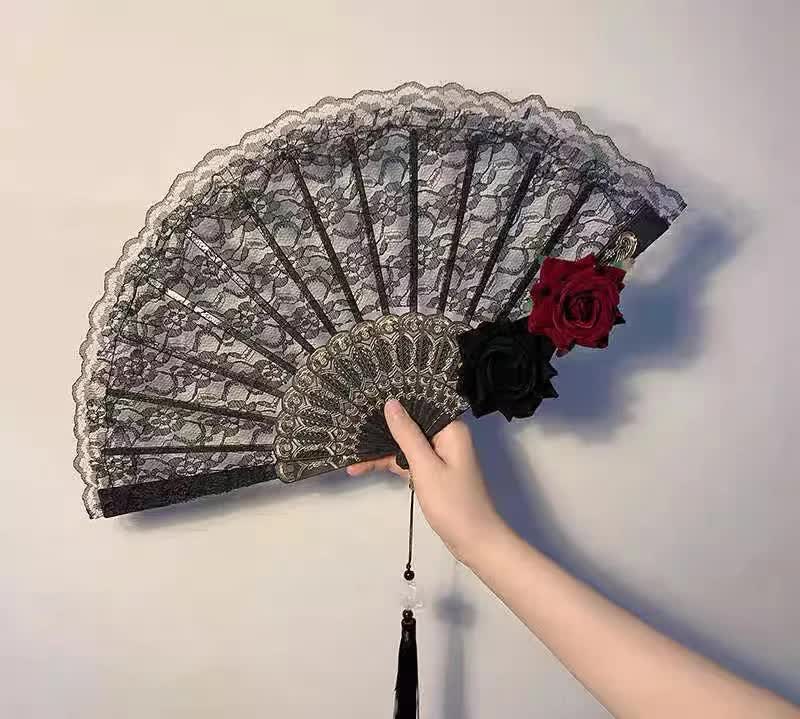 2 Pack Black Lace Black Rose Cross Vintage Lace Folding Fans Gothic Palace view 2