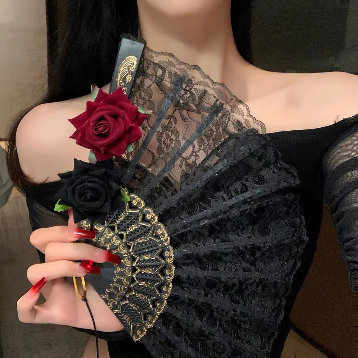 2 Pack Black Lace Black Rose Cross Vintage Lace Folding Fans Gothic Palace view 3