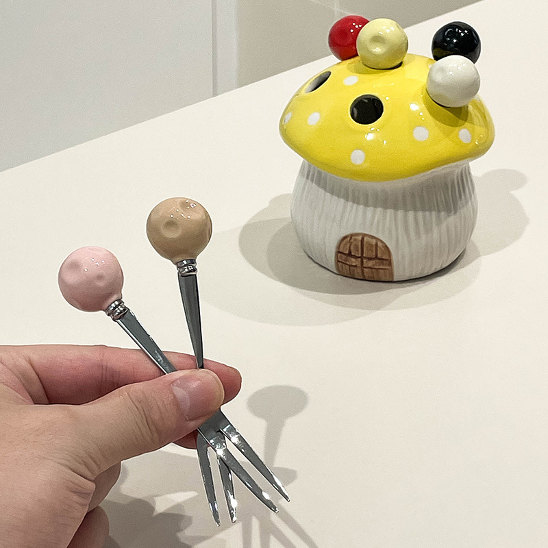 Orange Cute Cartoon Mushroom Mirror Polished Cutlery Jar with 6-Piece view 3