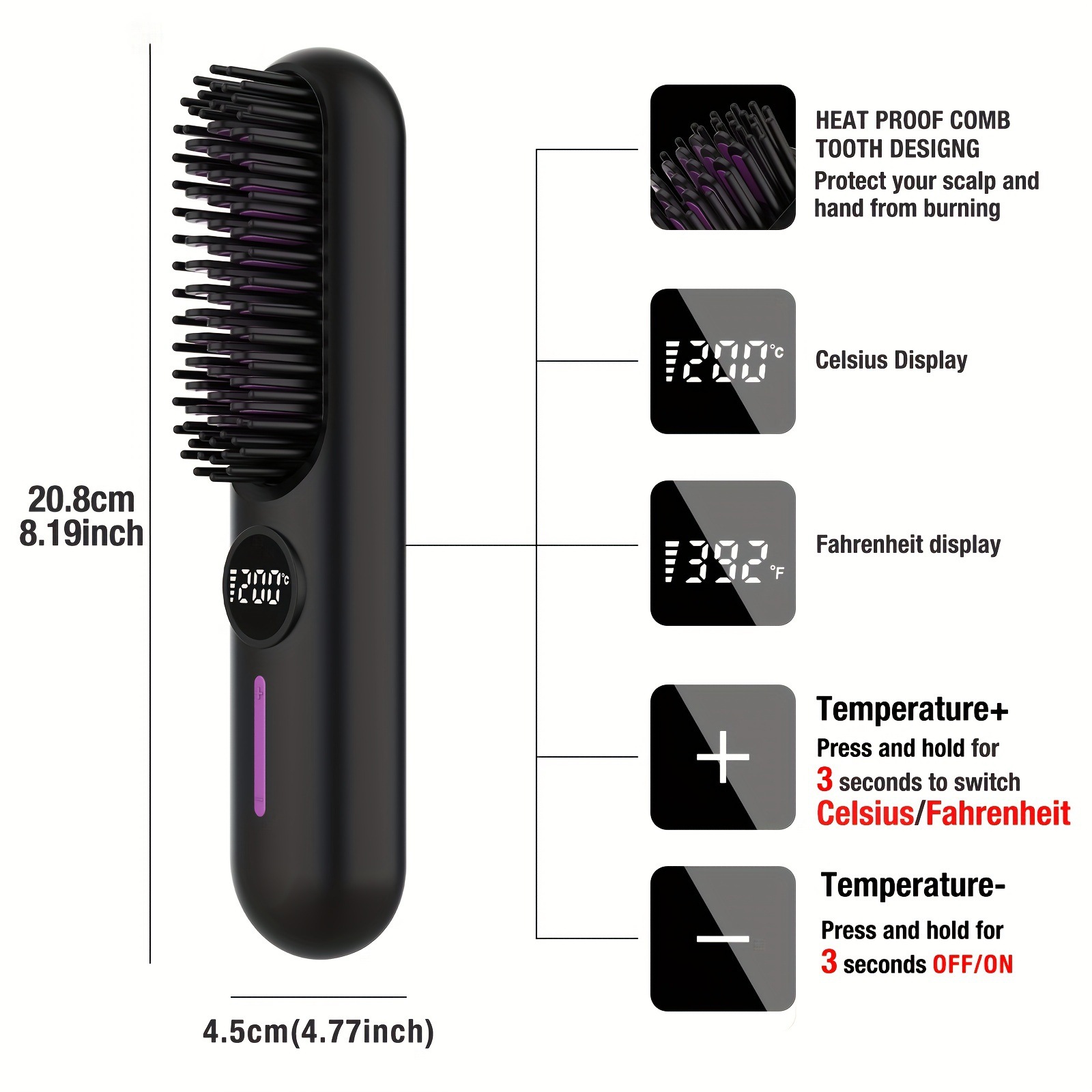 S01 Black Cordless Hair Straightener Brush - 2-in-1 Curling & Straightening view 2