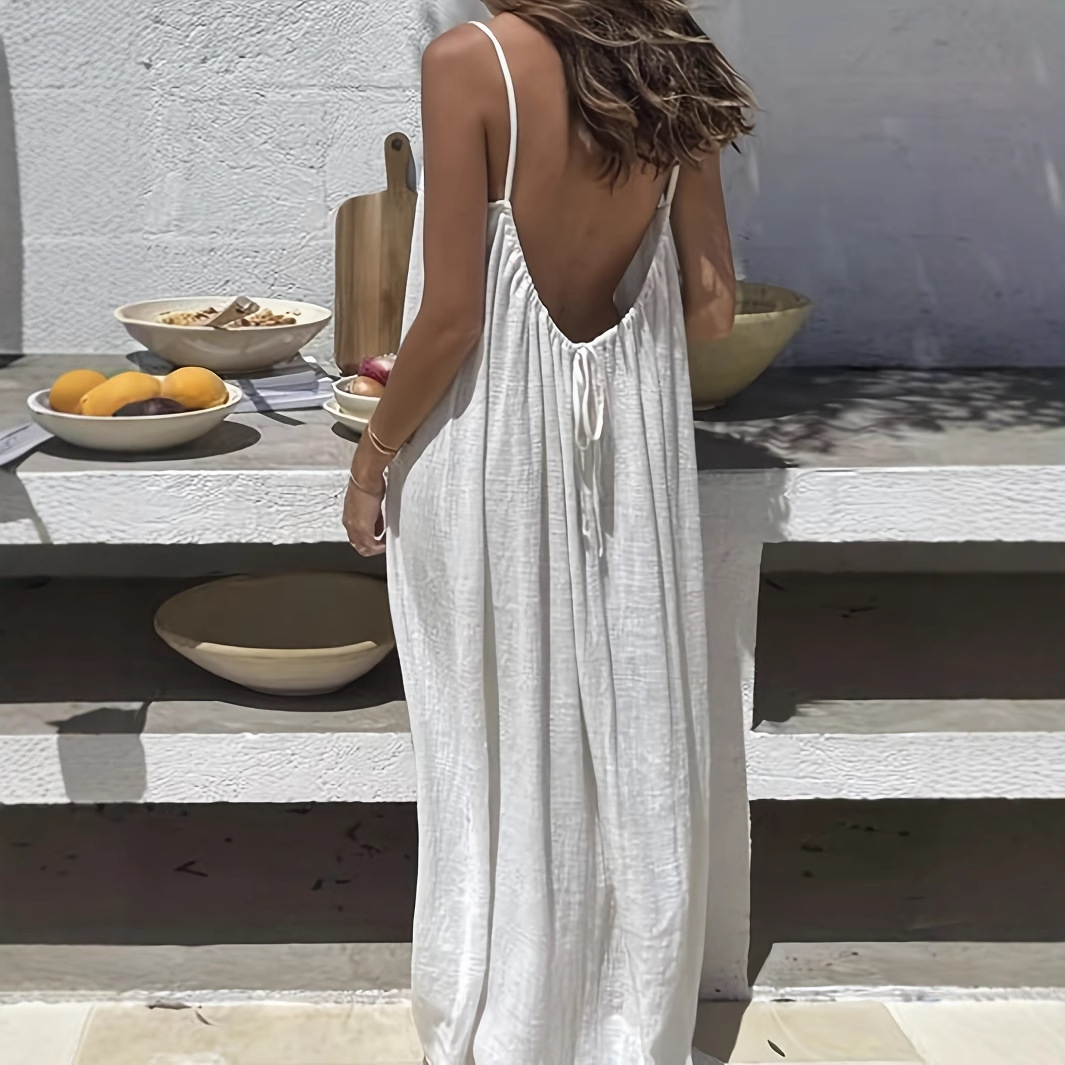 White Women's Crinkle Ice Silk Backless Cami Maxi Dress(Size M) - Loose Fit