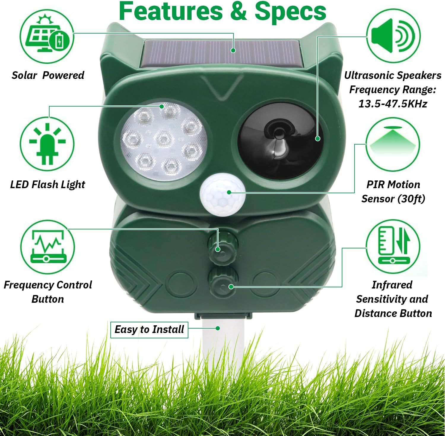 Model 704 Solar Powered Animal Repeller - High-Performance Ultrasonic &