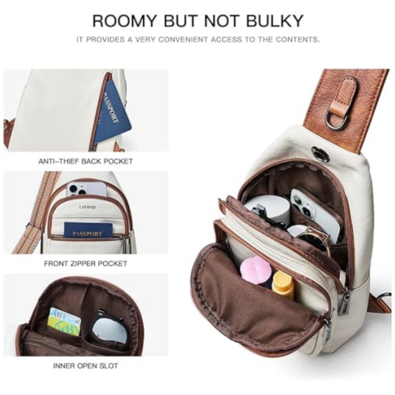 White Women's 3-Layer Zipped PU Chest Bag with Reversable Strap - Roomy But view 2