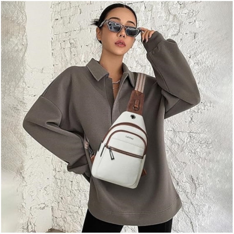 White Women's 3-Layer Zipped PU Chest Bag with Reversable Strap - Roomy But view 5