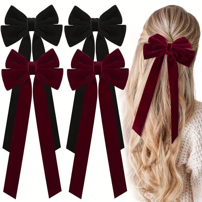 Luxury Velvet Bow Hair Clip Set (10 Pcs) - Simple Fashion Accessory for view 3