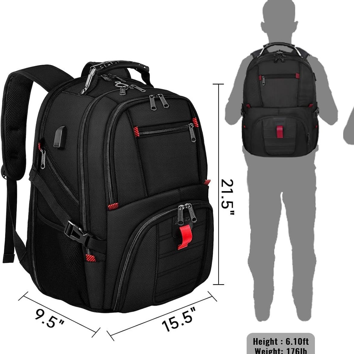 Black 50L Extra Large Laptop Backpack with USB Charging Port - Waterproof view 4