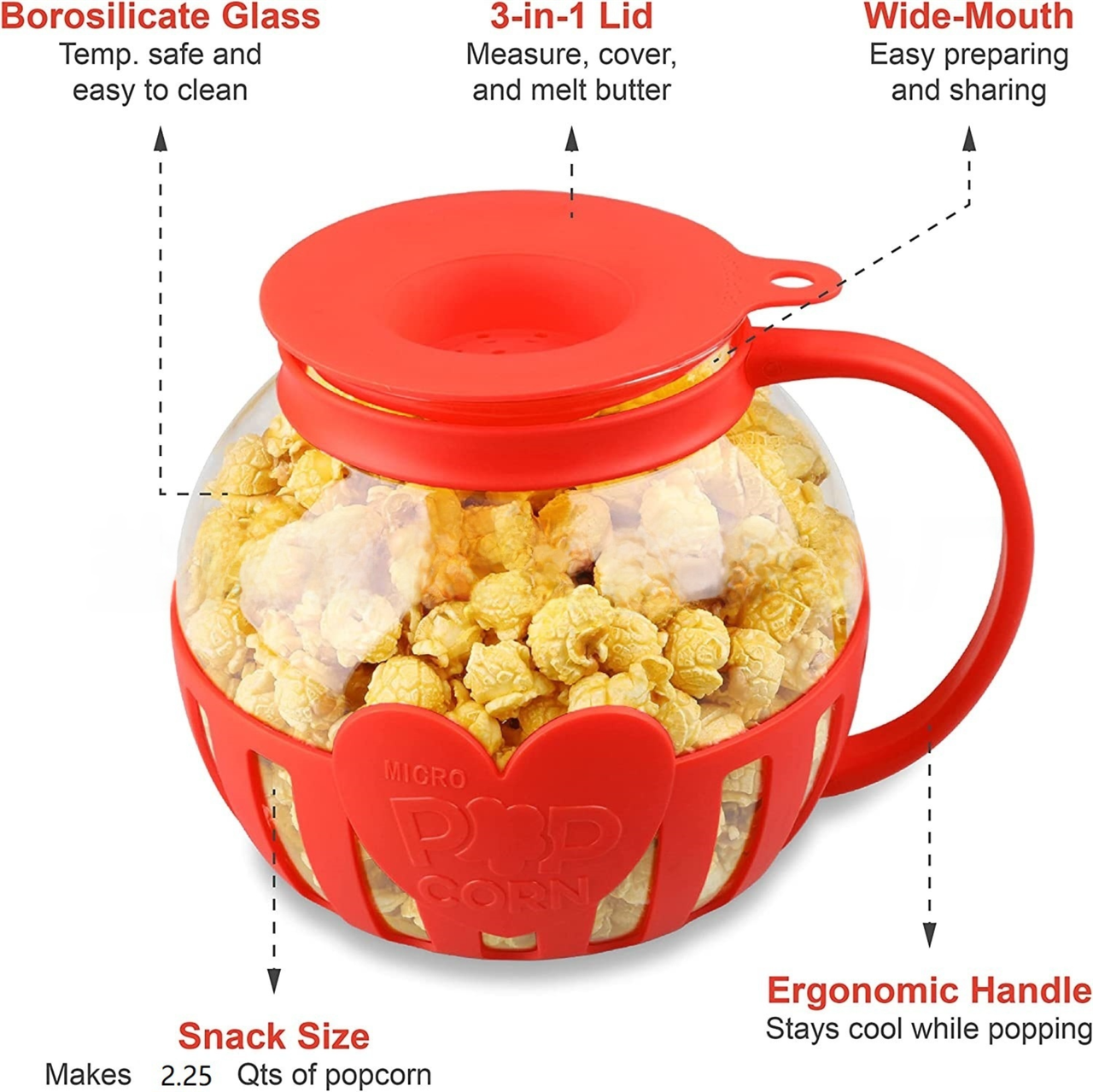 2.25QT Red Borosilicate Glass Microwave Popcorn Popper - Healthy Chemical-Free view 3