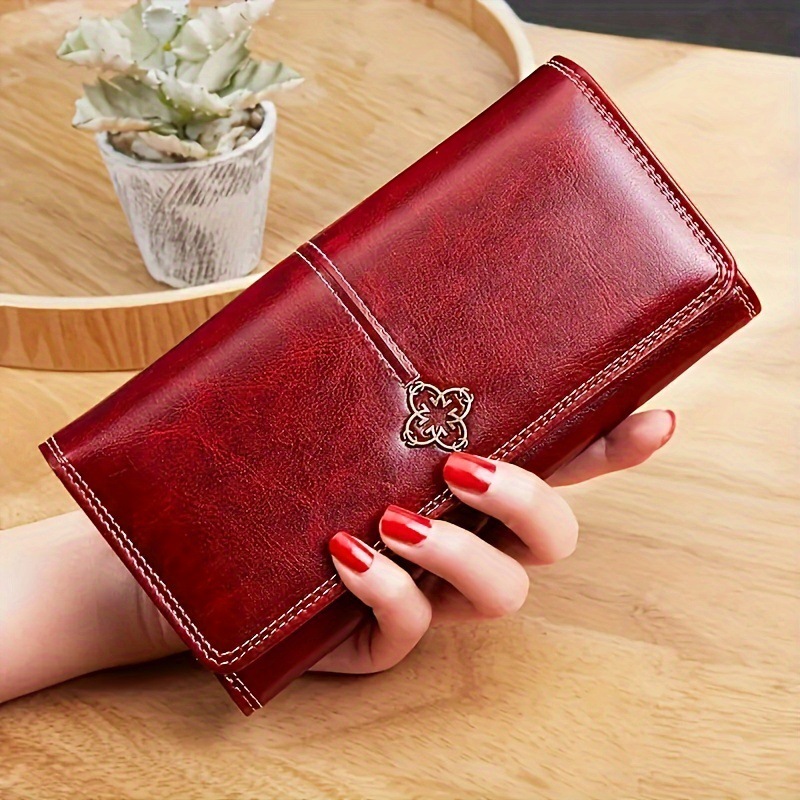 Red Women's Vintage Oil Wax Leather Long Wallet - Elegant Large Capacity Purse — image 1