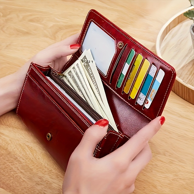 Red Women's Vintage Oil Wax Leather Long Wallet - Elegant Large Capacity Purse view 2