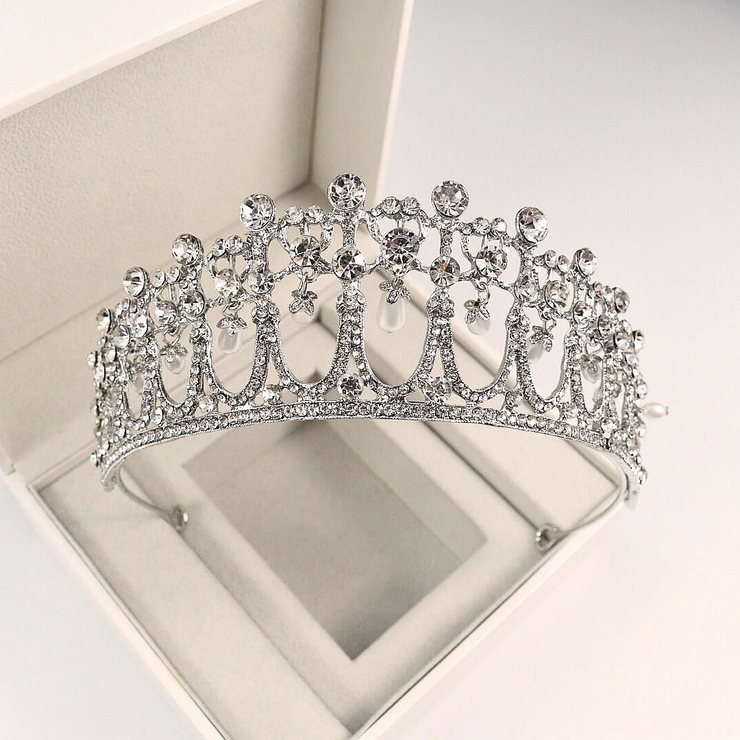 Exquisite Handmade Bridal Pearl and Rhinestone Crown - K9 White Crystal view 2