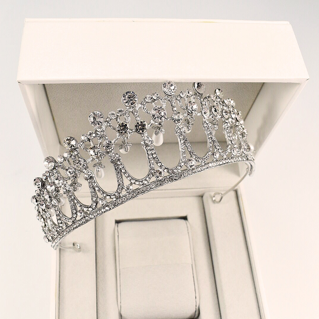 Exquisite Handmade Bridal Pearl and Rhinestone Crown - K9 White Crystal view 3