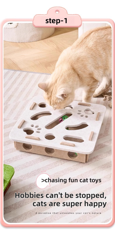 Green-Brown Felt Puzzle Square Shape Box Cat Toy with 2 Metal Bell Balls view 2