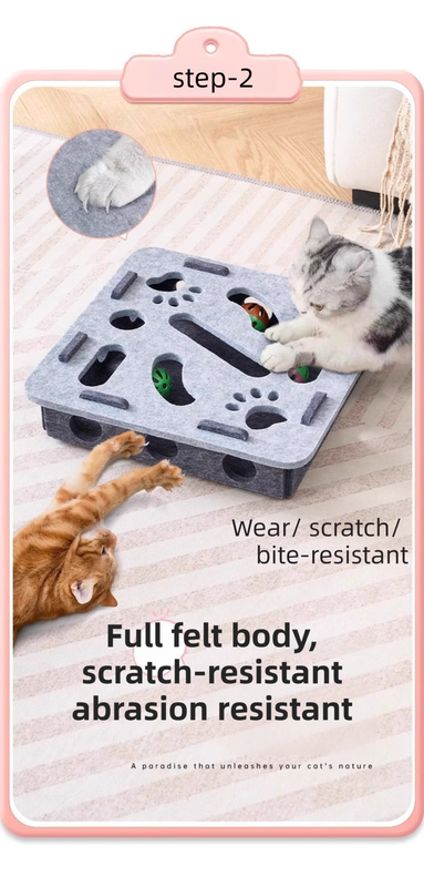 Grey Felt Puzzle Flower Shape Box Cat Toy with 2 Metal Bell Balls view 3