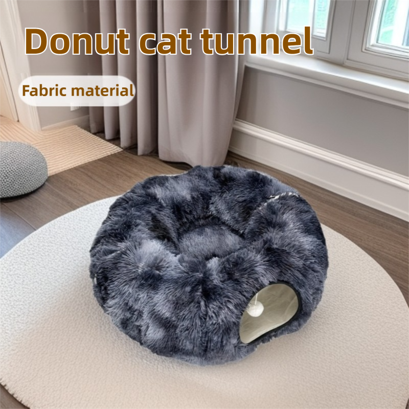 2-in-1 Dark Grey Tie-Dye Donut-Shaped Cat Tunnel Bed - Spacious 85cm Pet Play view 2