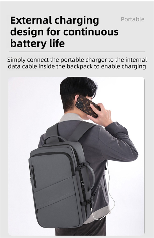 Black Premium Business Expandable Travel Backpack with External USB Charging view 3