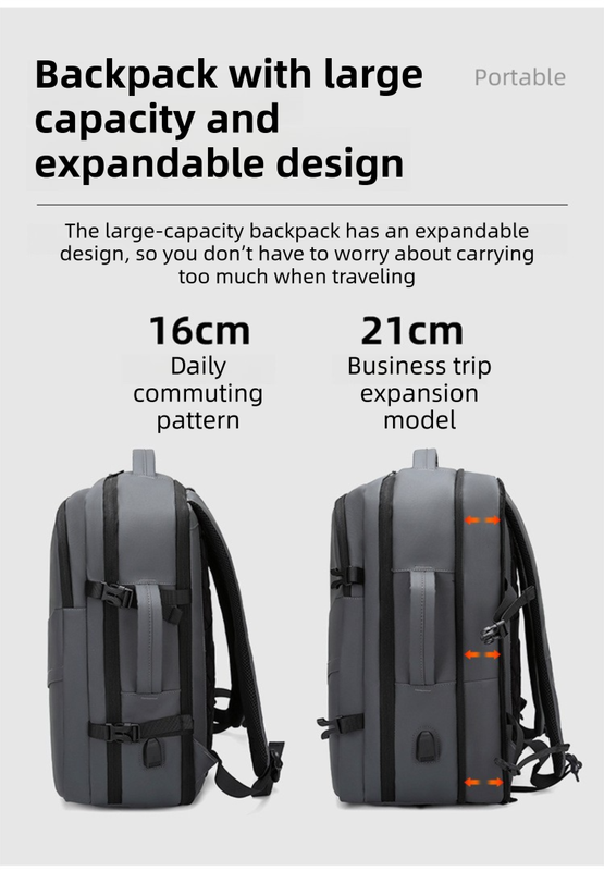 Grey Premium Business Expandable Travel Backpack with External USB Charging view 2