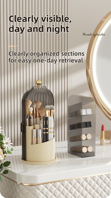Yellow 360° Rotating Makeup Brush Holder with Black Transparent Dust-Proof view 5