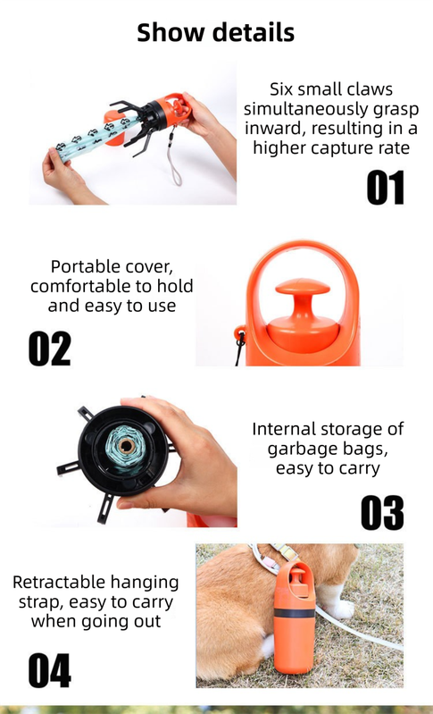 Orange Foldable 6-Claw Pet Pooper Scooper with Integrated Waste Bag Dispenser view 5