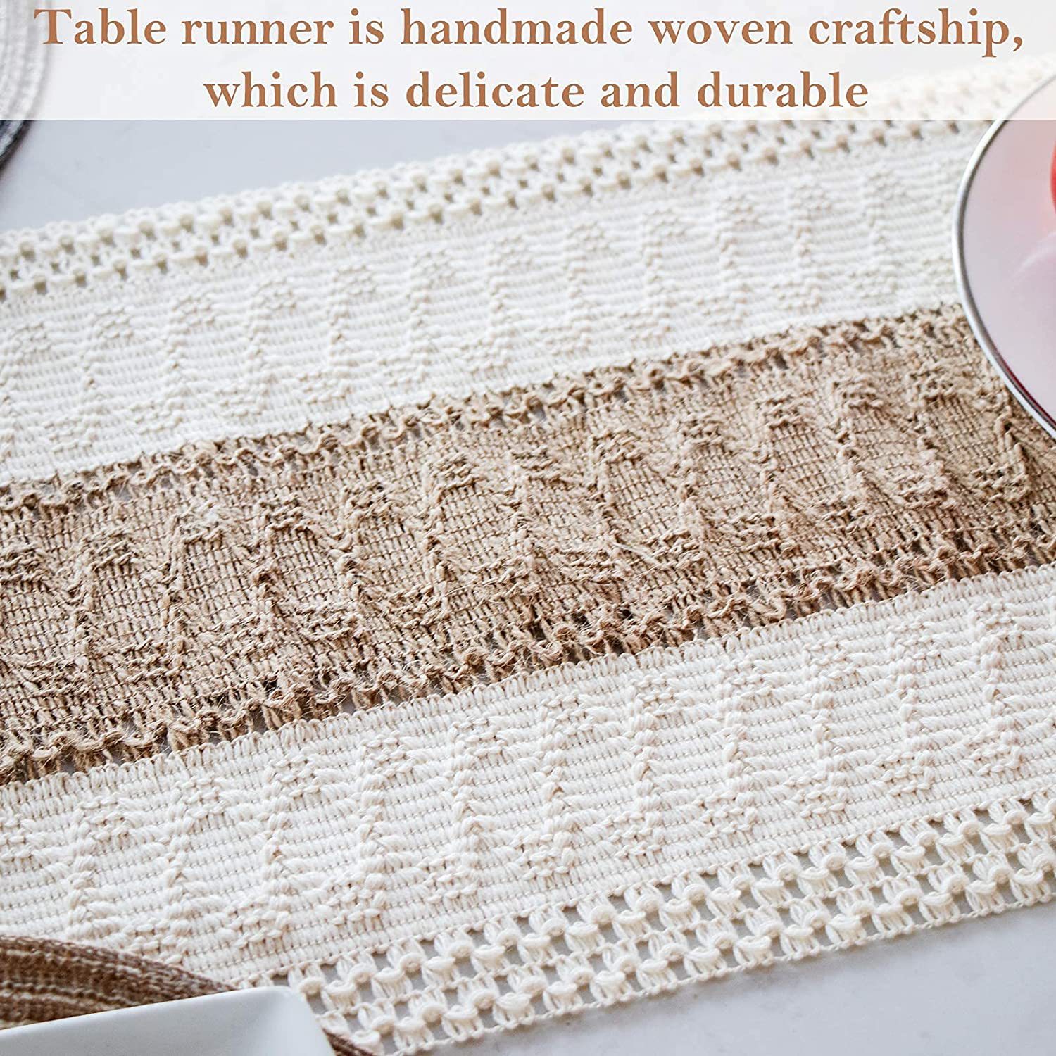 White-Brown Bohemian Woven Dining Mat with Tassels(30X50CM) view 4