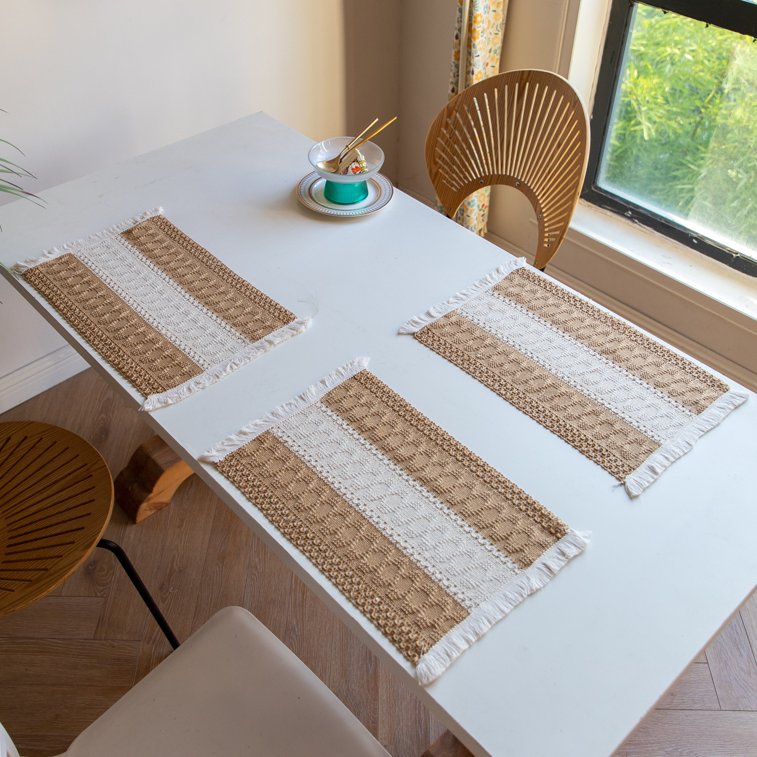 White-Brown Bohemian Woven Table Runner with Tassels(30X183CM) view 5