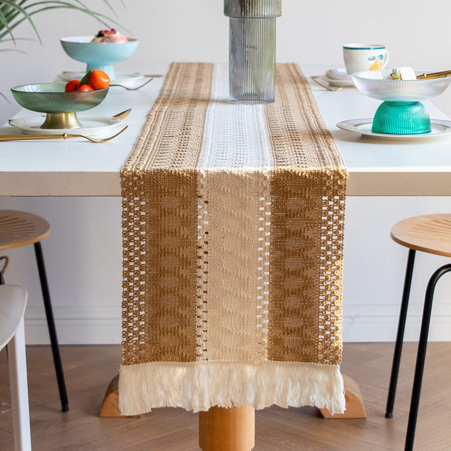 White-Grey Bohemian Woven Dining Mat with Tassels(30X50CM) - Wrinkle-Resistant view 6