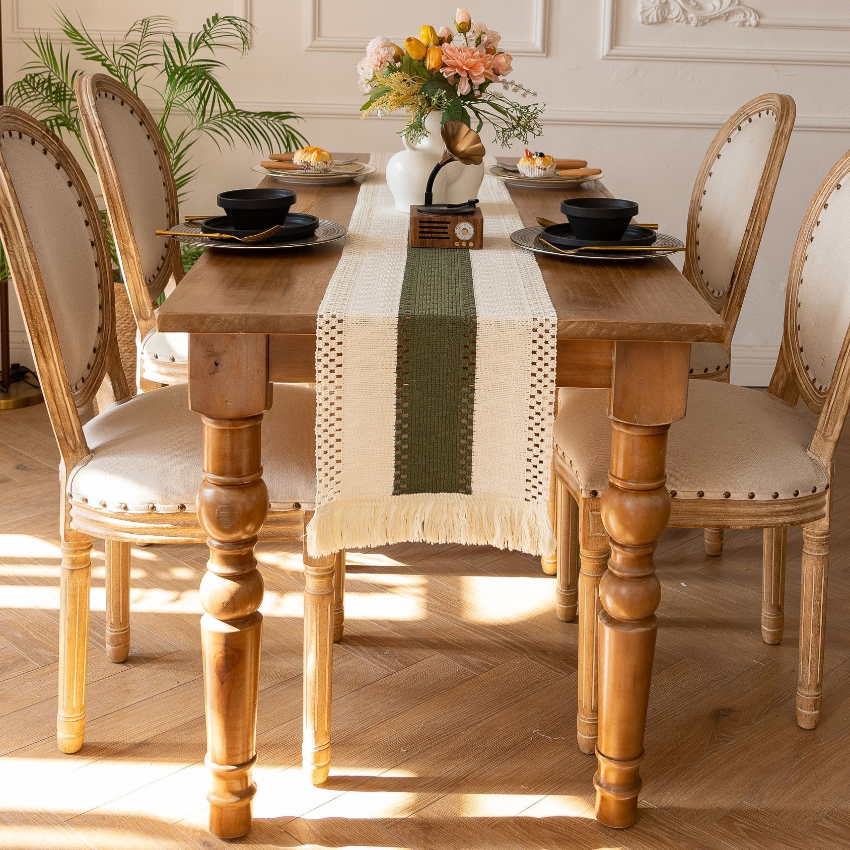 White-Green Bohemian Woven Dining Mat with Tassels(30X50CM) — image 1