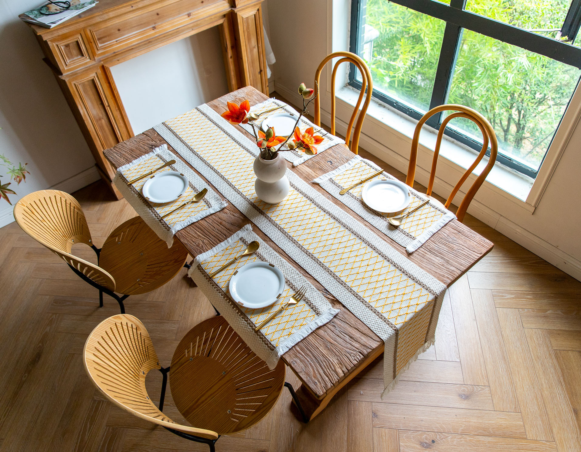 White-Green Bohemian Woven Dining Mat with Tassels(30X50CM) view 2