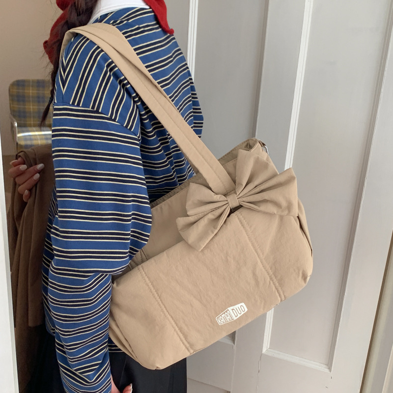 Red Puffy Quilted Nylon Hobo & Crossbody Bag with Cute Bowknot - Trendy view 2