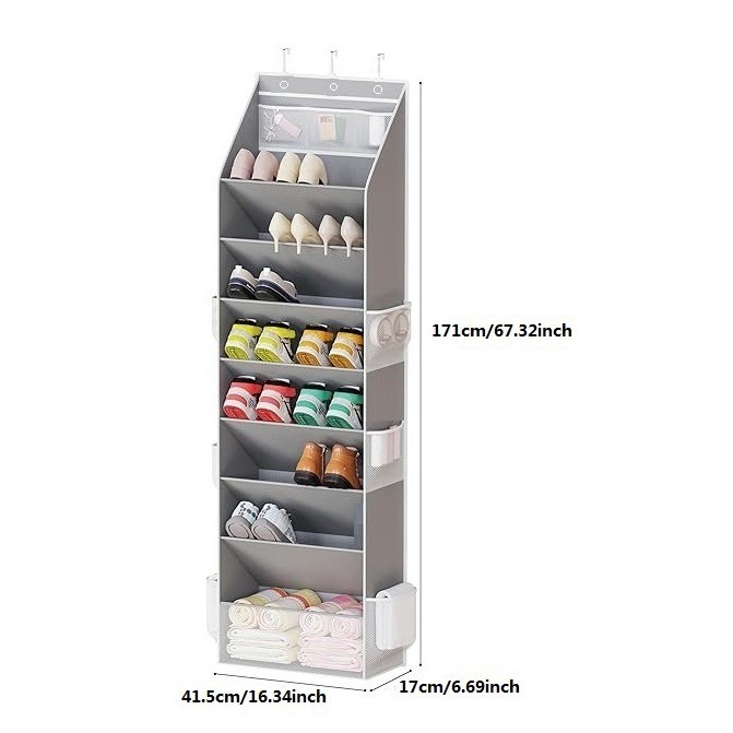 Grey 8-Tier Over-the-Door Shoe Organizer with 7 Slanted & 1 Flat & 6 Side view 2
