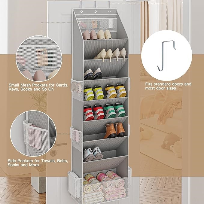 Grey 8-Tier Over-the-Door Shoe Organizer with 7 Slanted & 1 Flat & 6 Side view 3